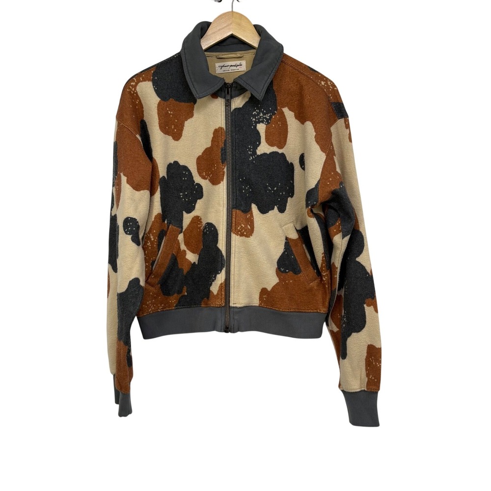 Free People Cabin Cardi Happy Cow Print Bomber Jacket S Western Rodeo Boho Chic